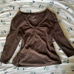 Petite Sophisticate Cool Brown Cinched 3/4 Sleeve Top